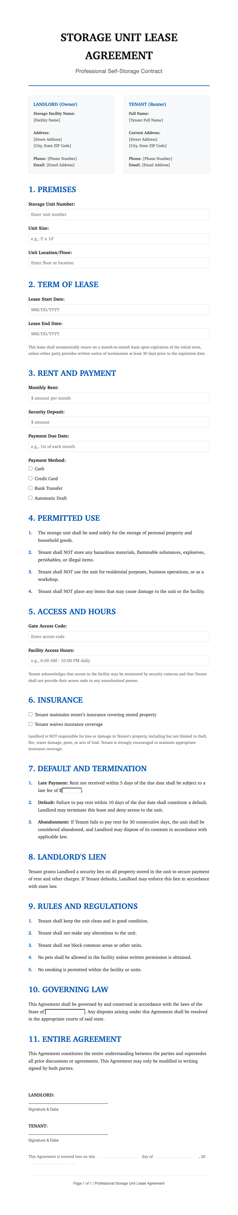 Classic professional storage unit lease agreement